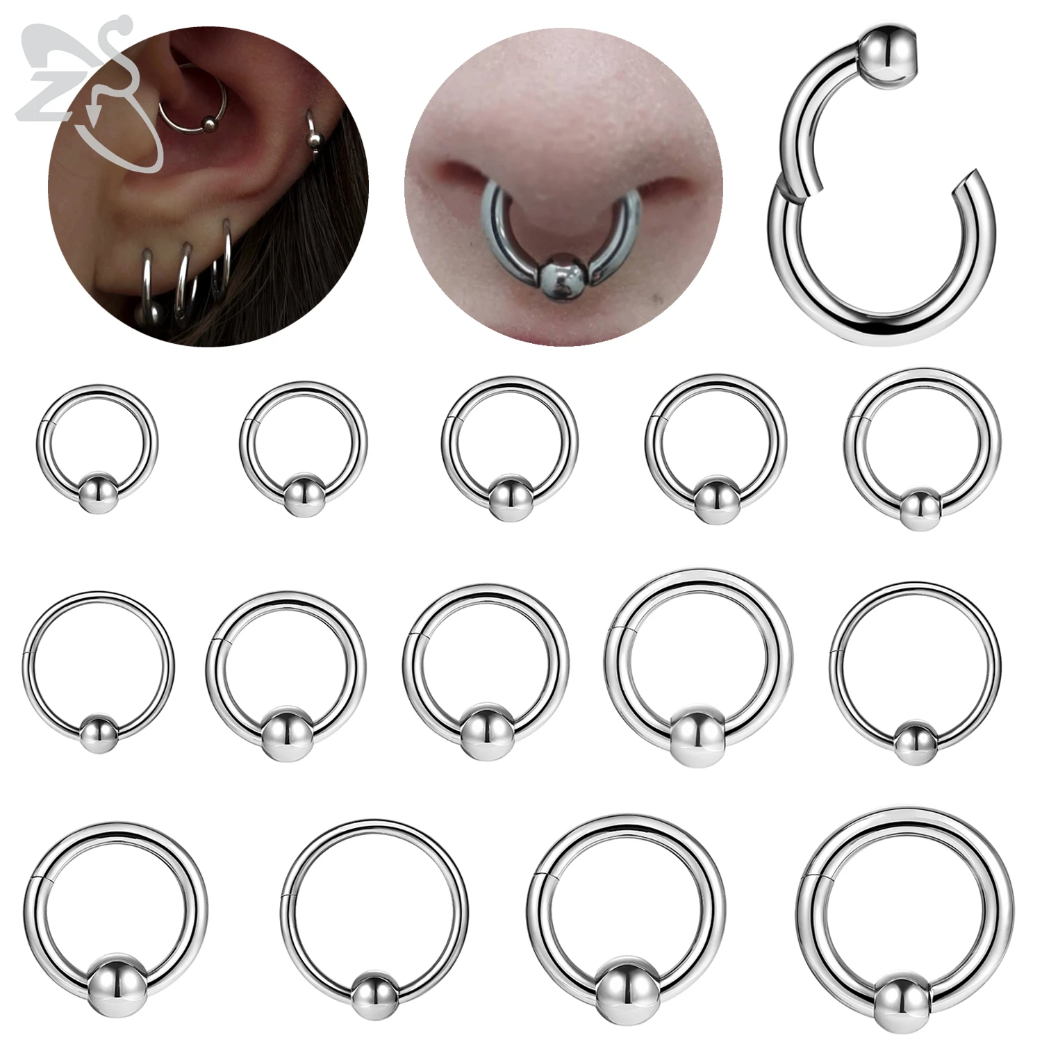 ZS 1 STÜCK 12/10/6G 316L Edelstahl Nasenring Männer Frauen Großes Messgerät BCR Clicker Septum Piercing Daith Hoop Captive Bead Ringe Image