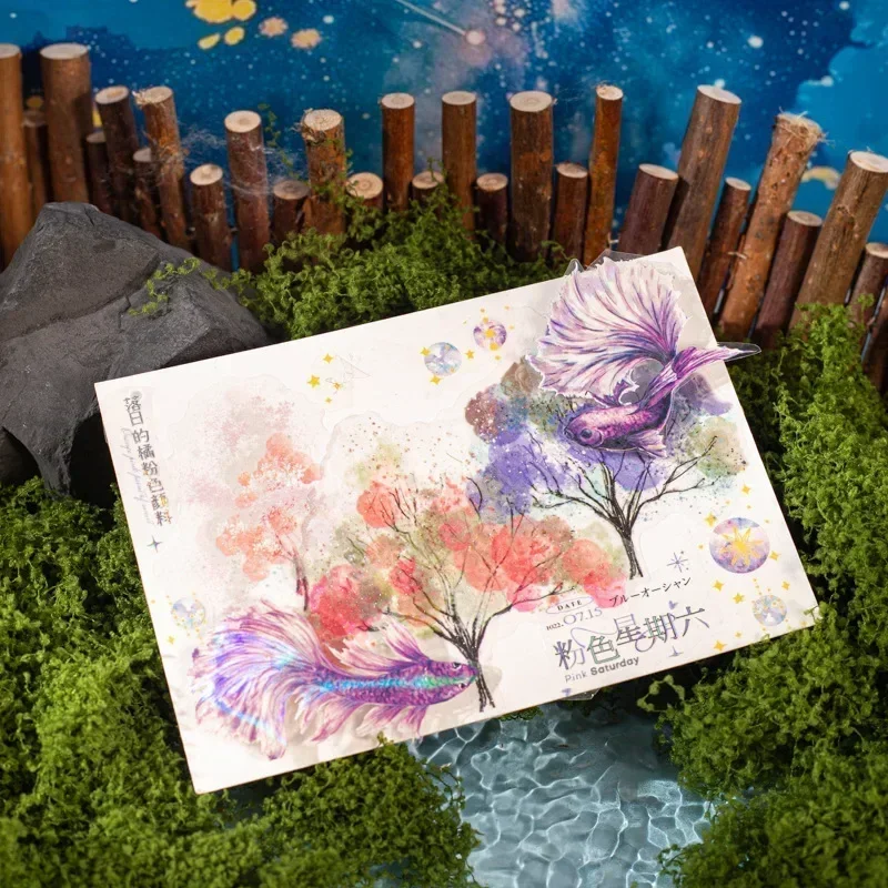 10 Blatt Aquarell-Briefpapier-Zubehör, Scrapbook-Stil, Baum, Glitzer, Sand, PET-Aufkleber, Wald mit hellen Sternen, Paket 151 x 110 mm