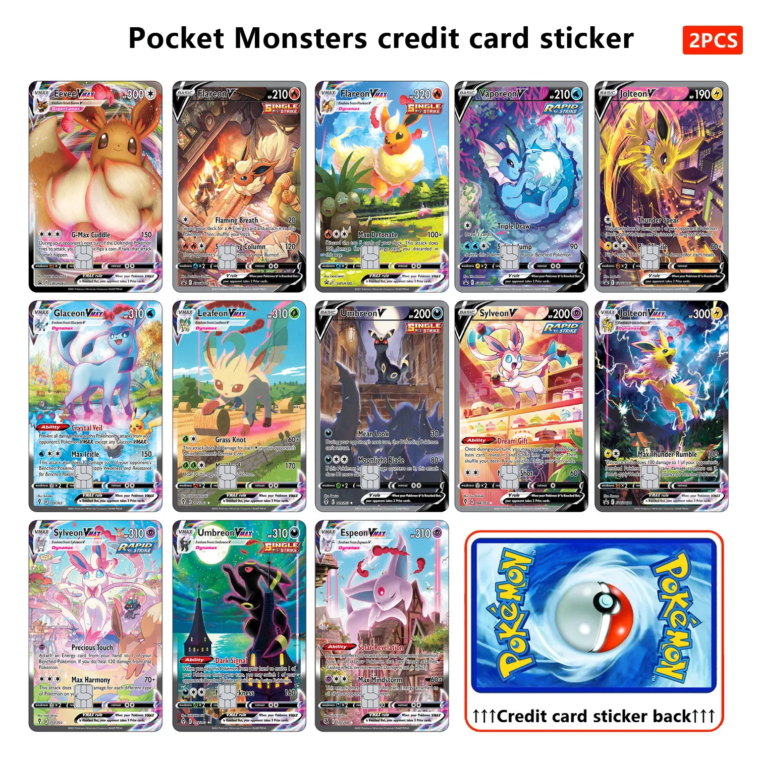 Autocollants de peau de carte de crédit PTCG, autocollant série Eeveelution pour carte de crédit VISA, débito, embellissement de la décoration, pas de résidus adhésifs