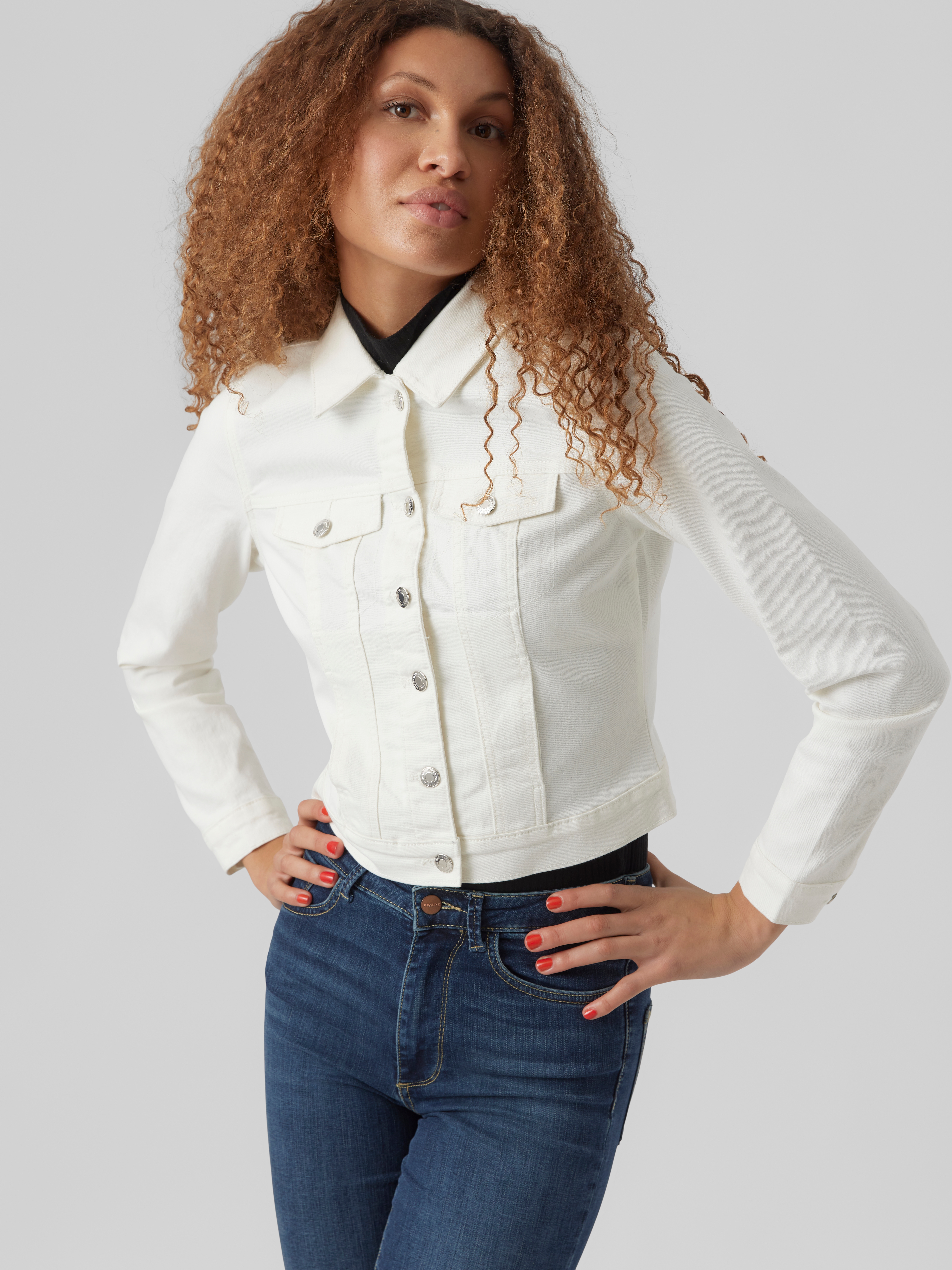 Jeansjacke VERO MODA "VMLUNA LS SLIM DNM JACKET MIX GA NOOS", Damen, Gr. L, weiß (cloud dancer), Denim/Jeans, Obermaterial: 72% Baumwolle, 26% Polyester, 2% Elasthan, unifarben, Casual, tailliert kurz, Jacken Image