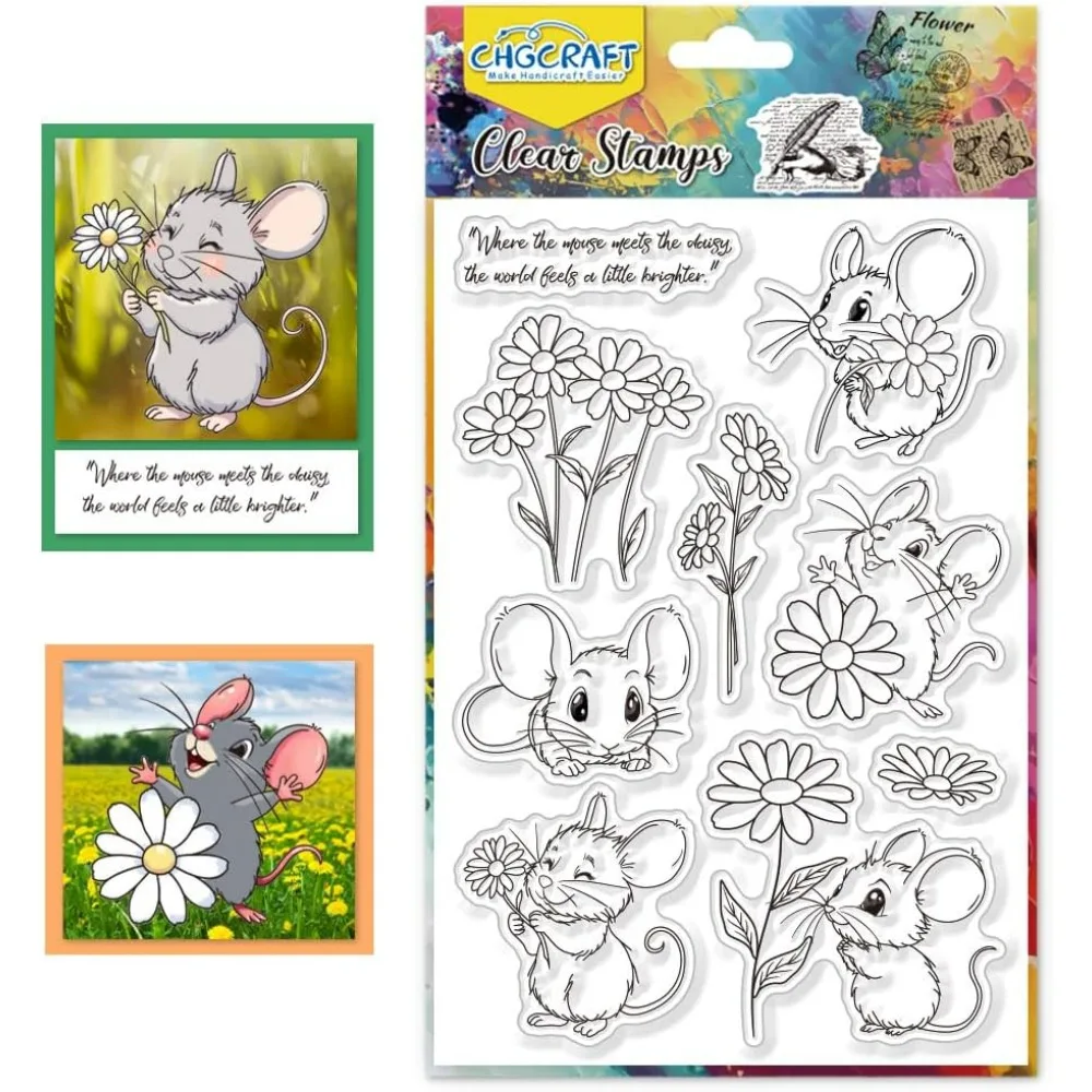 1Sheet Mouse Clear Stamps Daisy Stamp for Crafts Transparent Silicone Stamps Mouse Silicone Stamps for Card Making Decoration