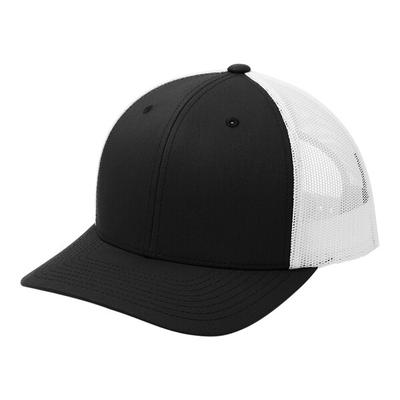Sport-Tek STC39 Customizable Black / White 6-Panel Trucker Cap with Mesh Back - Structured, Mid-Profile
