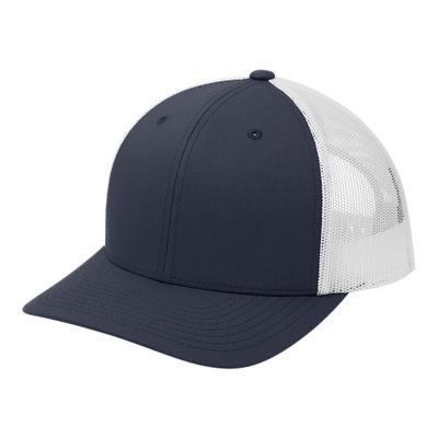 Sport-Tek STC39 Customizable True Navy / White 6-Panel Trucker Cap with Mesh Back - Structured, High Profile