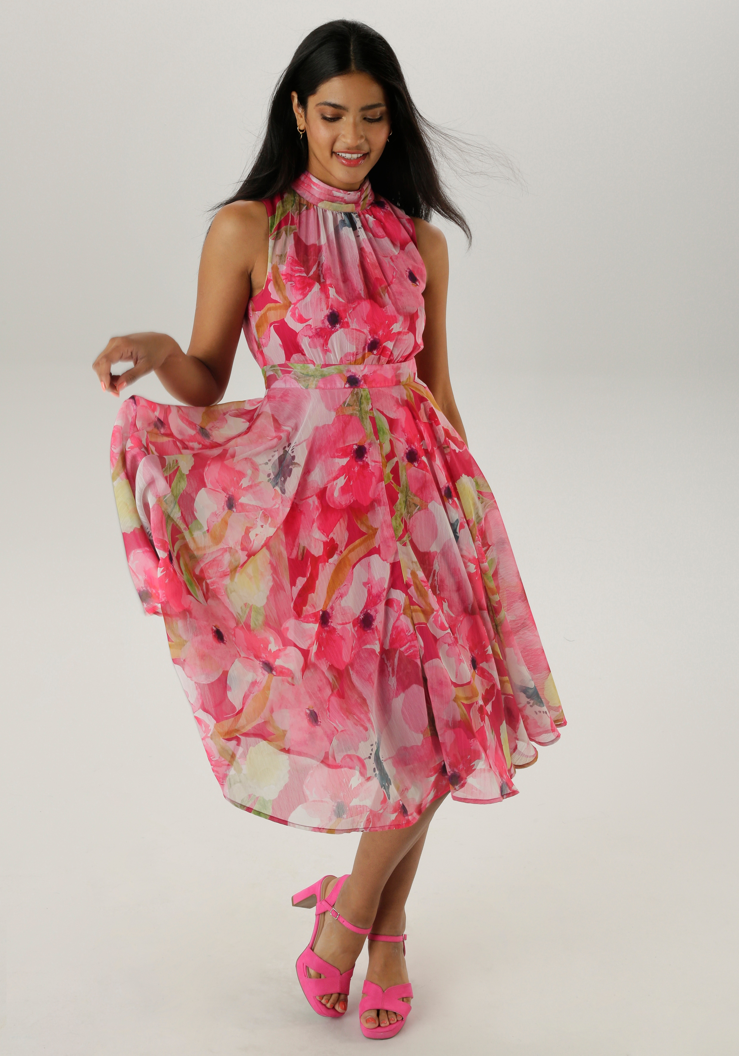 Cocktailkleid ANISTON SELECTED, Damen, Gr. 44, N-Gr, pink, rosa, hellpink, kiwigrün, schwarz, gelb, Chiffon, Obermaterial: 100% Polyester. Futter: 100% Polyester, bedruckt, geblümt, figurumspielend wadenlang, Kleider, mit traumhafter, floraler...