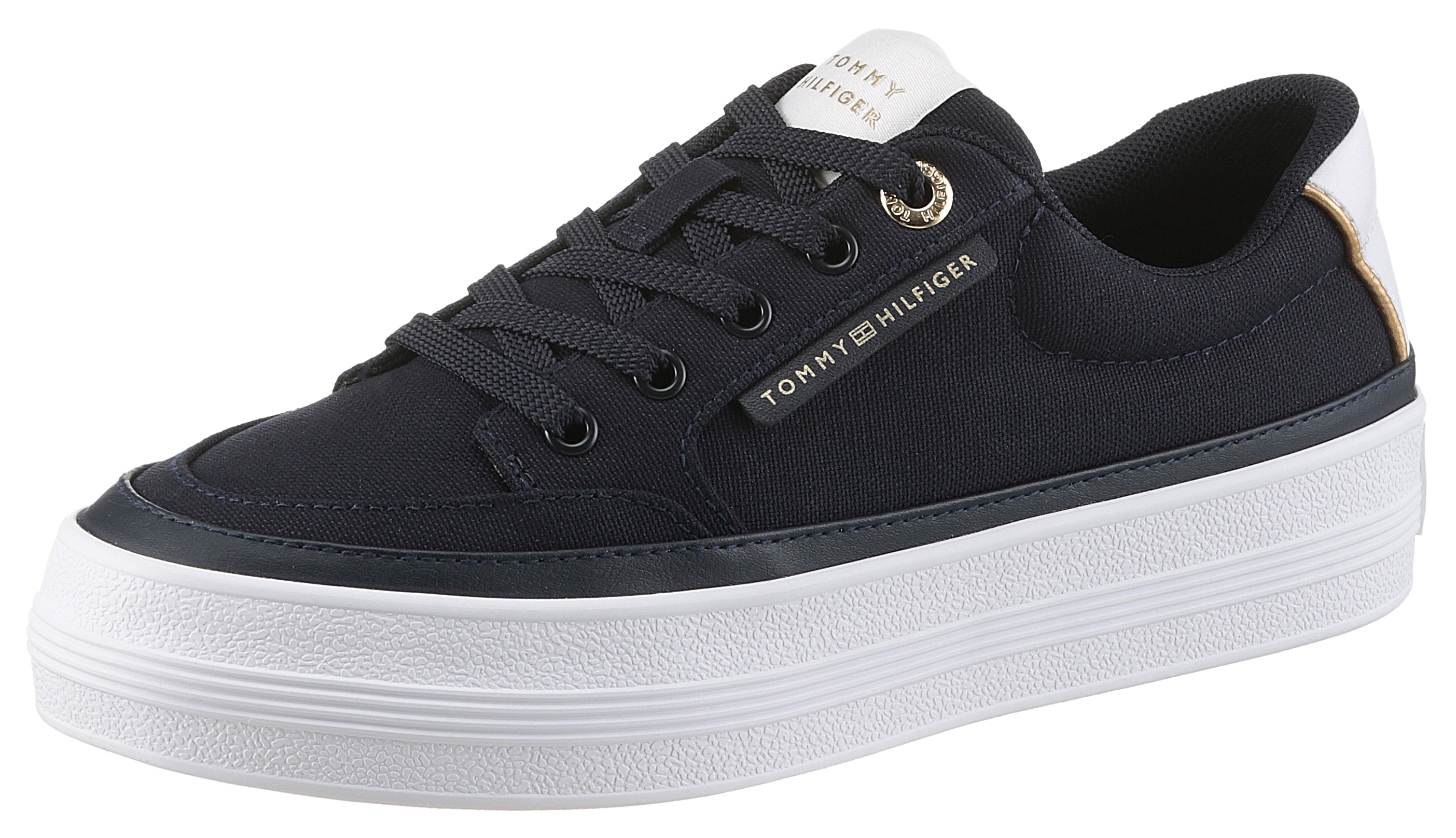 Plateausneaker TOMMY HILFIGER "ESSENTIAL VULC TEXTILE SNEAKER", Damen, Gr. 39, blau (dunkelblau), Textil, unifarben mit Farbeinsatz, Schuhe Plateausneaker, Freizeitschuh, Halbschuh, Schnürschuh mit goldfarbenen Details