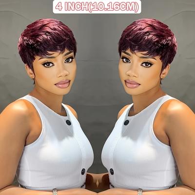 TEMU 99j Cut Human Hair Wig 4-inch 99j Brazilian Human Hair Wigs Glueless Hair Short Straight Style Hair Soft ＆ Breathable Parties And Image
