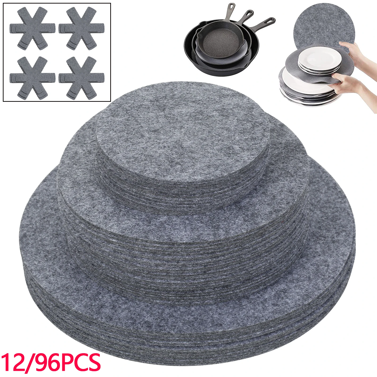 12/96 Stück Topf-Pfanne-Filzschutz, Trennpads, 3 Größen, Filzplatte, hitzebeständig, verhindert Kratzer, Matte, Kochgeschirr, Küchenutensilien Image