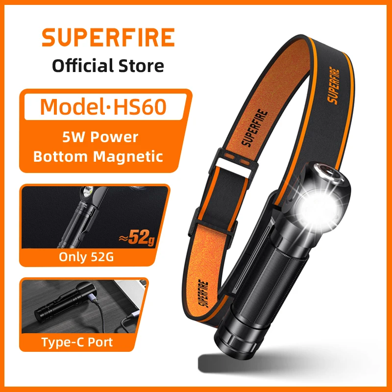SUPERFIRE HS60 LED Lampada frontale magnetica USB C Faro ricaricabile 900LM Super luminoso 18650 Torcia frontale Luce da campo da lavoro
