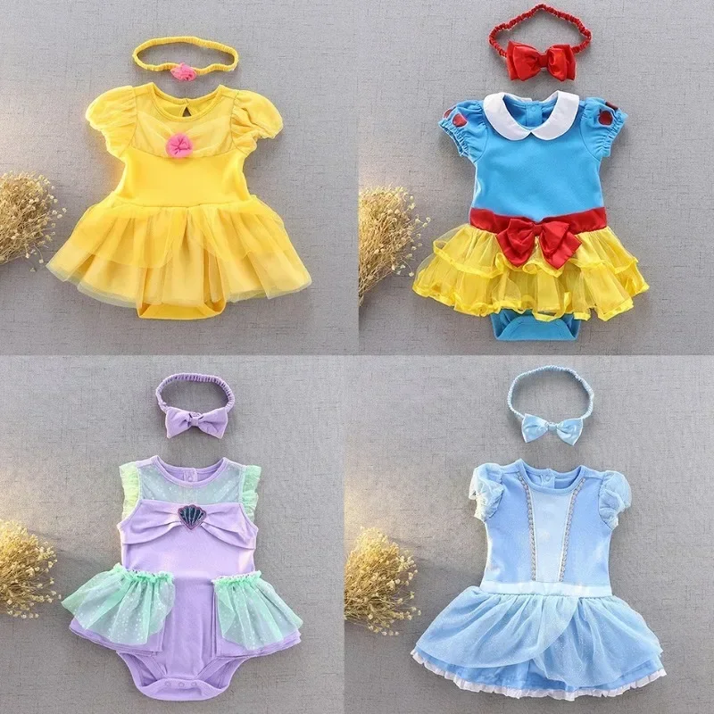 Bébé fille barboteuse costume combinaison bandeau nouveau-né fille robe de princesse bébé neige blanche cendrillon sirène combinaison 3-18 mois