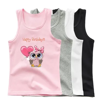 Girls Heart Owl Print Vest Kids Summer Birthday Tank Top Kids Sleeveless Cartoon T Shirt 3-14Year