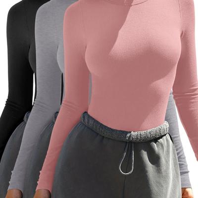 TEMU 3-pack Women's Long Sleeve Tops, Round Neck, Slim Fit, Casual Ribbed , Versatile Fashion T-shirts, Conservative Style, Autumn/winter Season, Solid Color, Regular Length, Polyester Material Image
