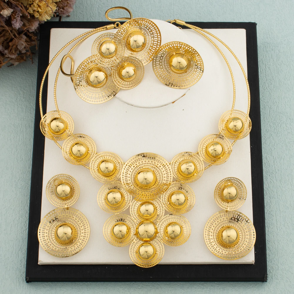 Große Frau Schmuck Set Dubai vergoldete Ohrringe Halskette Kupfer mehrere kleine Kreis Design Blume Braut Armreif Ringe Geschenk Image