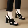 Absätze Schuhe Damen Sandalen Karree Dicker Absatz Pumps Eleganter Rückengurt Schwarze Lederschuhe