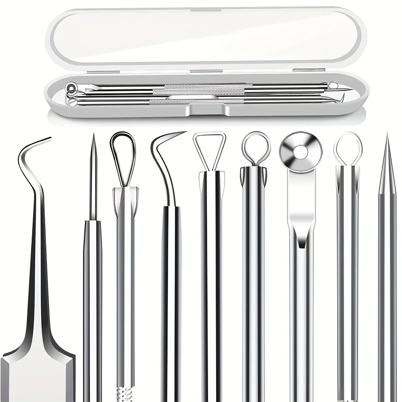 5PCS Mitesser Entferner Komedonen Extractor, Gebogene Mitesser Pinzette Kit, Professionelle Edelstahl Pickel Akne Makel Entfernung Zu Image