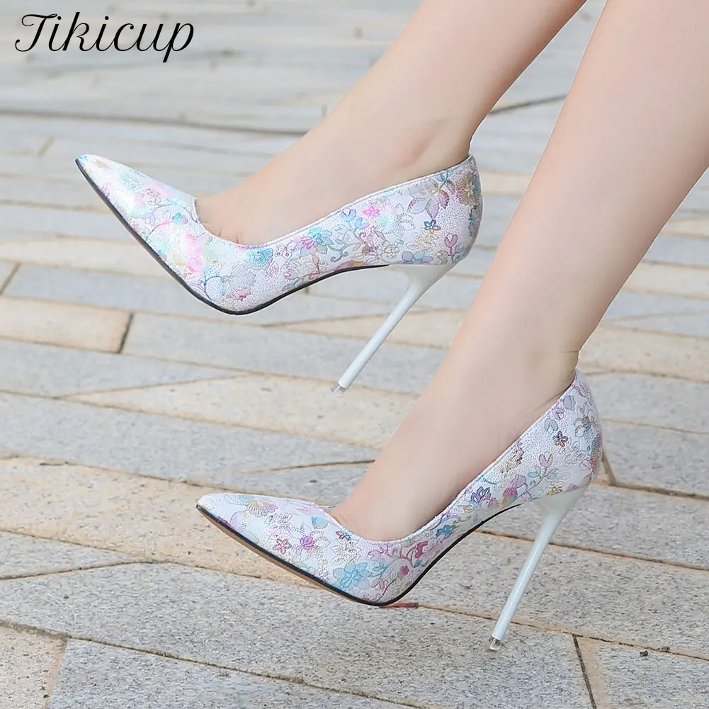 Tikicup Laser Glitter gedruckt Frauen spitzen Zehen 12cm High Heel Schuhe für Abendkleid elegante Stiletto Pumps schwarz rot weiß