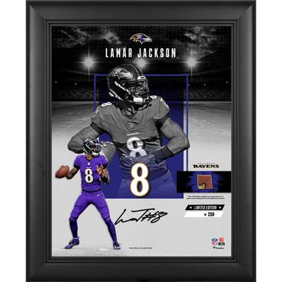 Lamar Jackson Baltimore Ravens Faksimile-Signatur, gerahmt, 11 x 14 Zoll, Impact-Collage mit einem Stück eines im Spiel verwendeten Footballs – limitierte Auflage von 250 Image