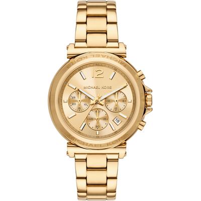 Chronograph MICHAEL KORS "MAREN", gold (goldfarben, gelbgoldfarben), Armbanduhren, Damen, Armbanduhr, Damenuhr, Lederarmband, analog, Tag, Stoppfunktion Image