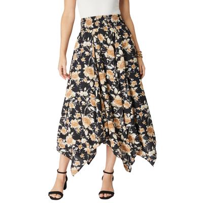 Plus Size Women's Handkerchief Hem Skirt by Roaman's in Camel Watercolor Rose (Size 30 W) Made in USA Smocked Elastic Waist