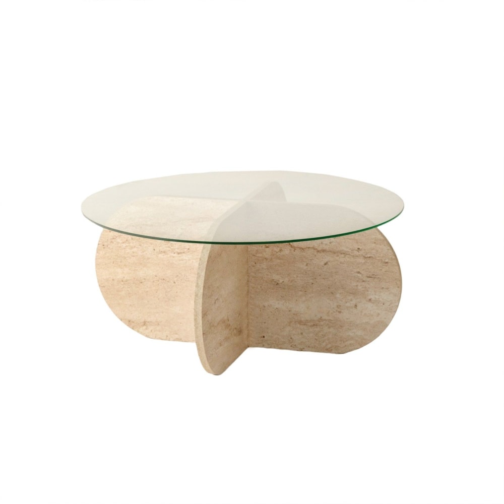 Table basse ronde en verre et effet travertin beige