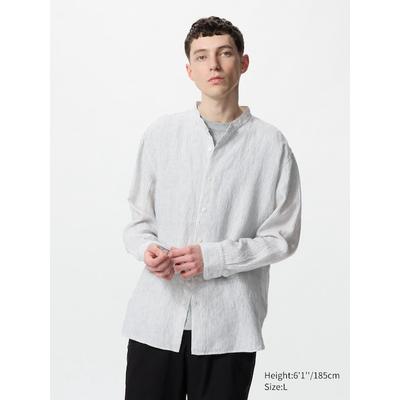 Uniqlo - 100% Premium Linen Shirt (stand Collar, Stripe) - Off White - 3XL