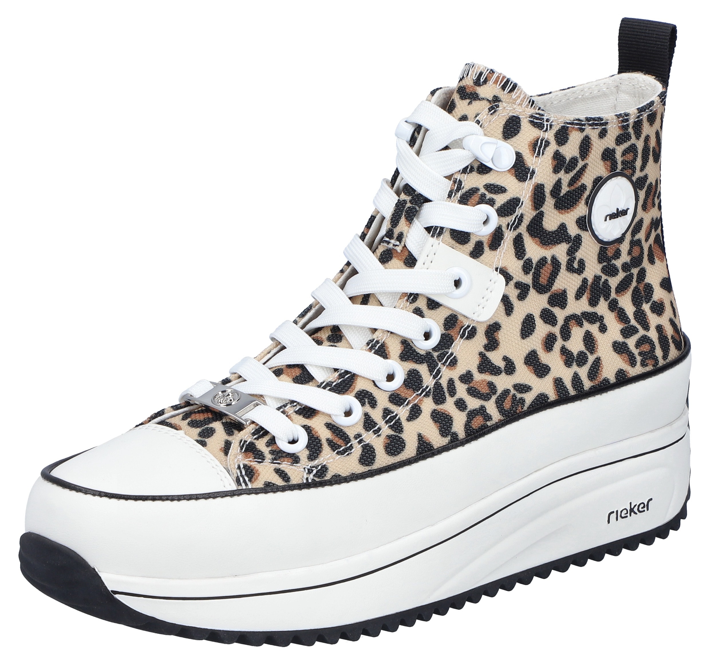 Sneaker RIEKER, Damen, Gr. 36, beige (leo, natur), Lederimitat, Textil, animal-print, Schuhe Sneaker, Plateau, High Top-Sneaker, Schnürschuh in veganer Verarbeitung