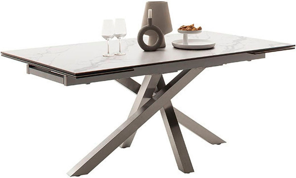 Esstisch MCA FURNITURE "ALMIROS Auszugstisch 180-260 cm marmoriert", beige (creme marmoriert, edelstahl gebürstet, creme marmoriert), B:180cm H:76cm T:95cm, Keramik / Sicherheitsglas schwarz lackiert / 13 mm, Edelstahl;Gestell: Edelstahl gebürstet,...
