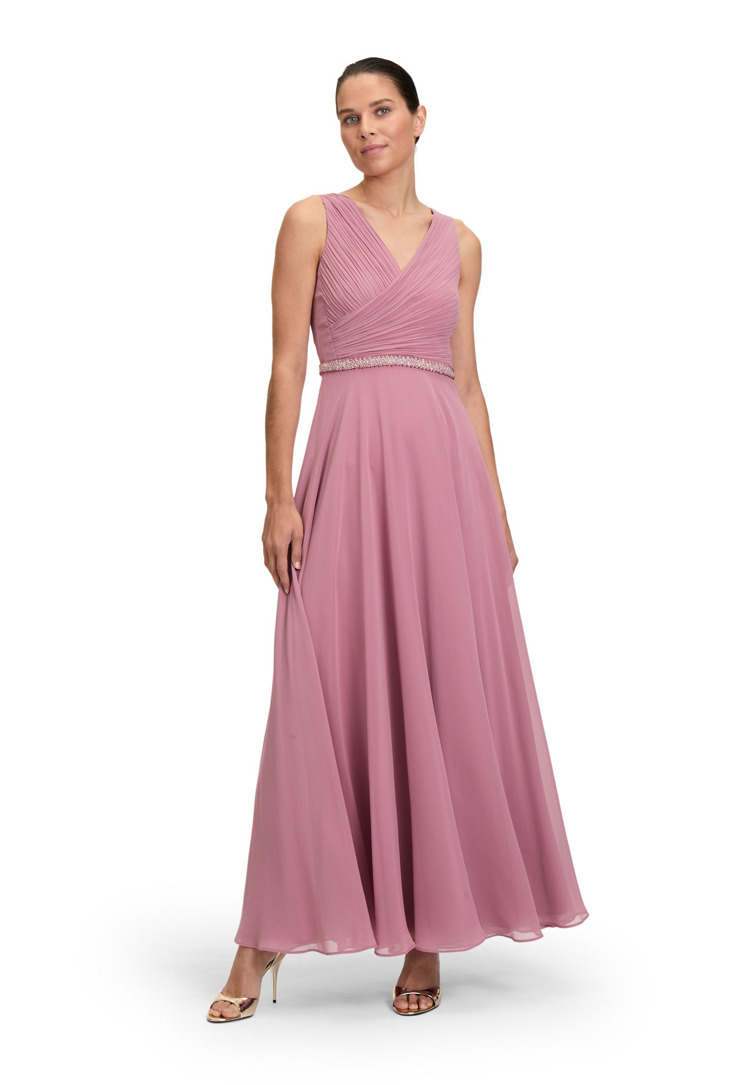 Abendkleid VERA MONT "Damen mit Plissee", Damen, Gr. 48, Normalgrößen, rosa (desert rose), Chiffon, Obermaterial: 100% Polyester; Futter: 100% Polyester, festlich, ausgestellt lang, V-Ausschnitt, Kleider Abendkleid, Dekoelemente