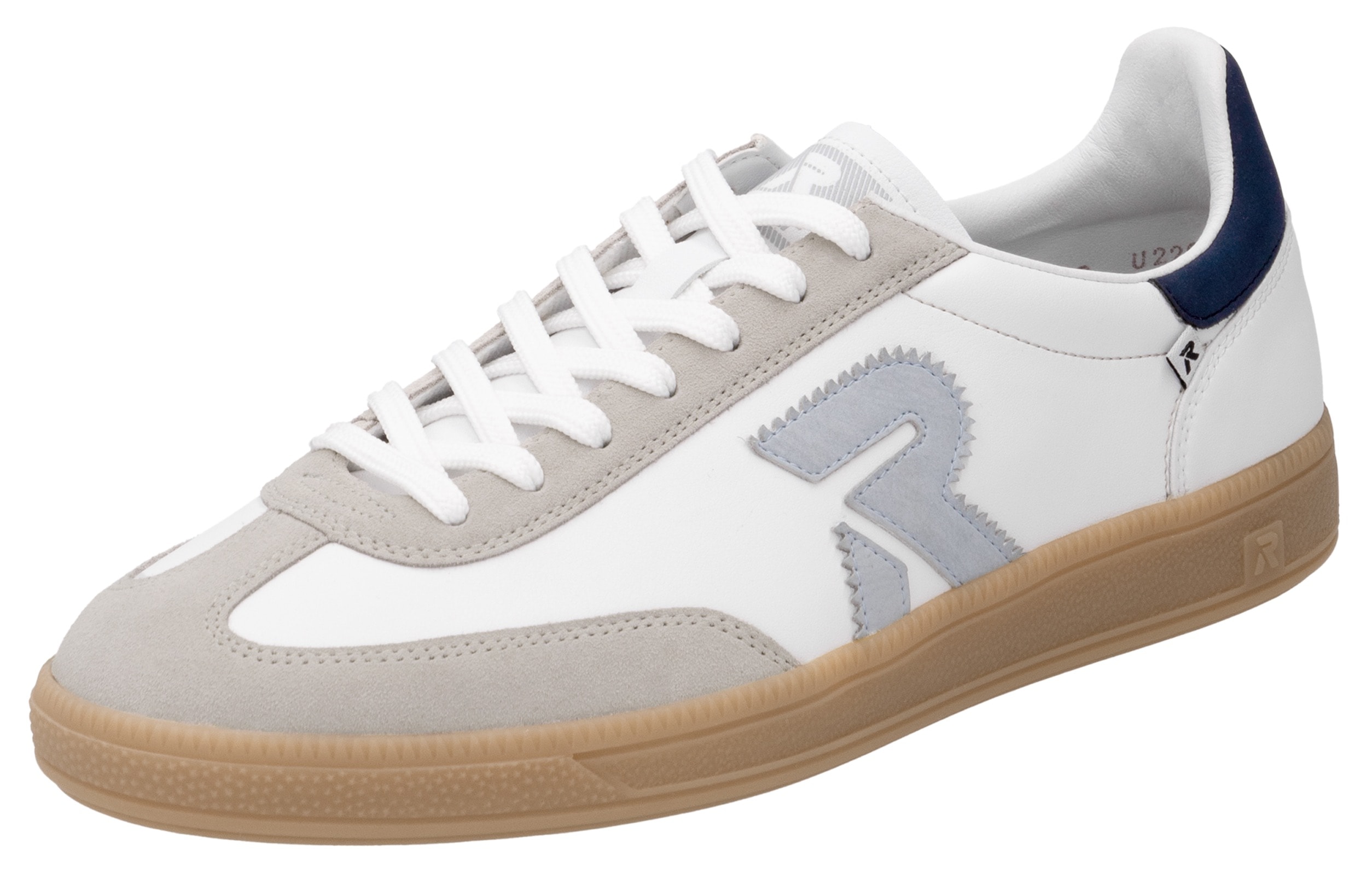 Sneaker RIEKER SPORT "San Diego Swing2GO", Herren, Gr. 44, grau (weiß, grau), Leder, Veloursleder, kontrastfarbene Details, Schuhe Sneaker, Retro-Sneaker aus der neuen Christoph Kramer Kollektion
