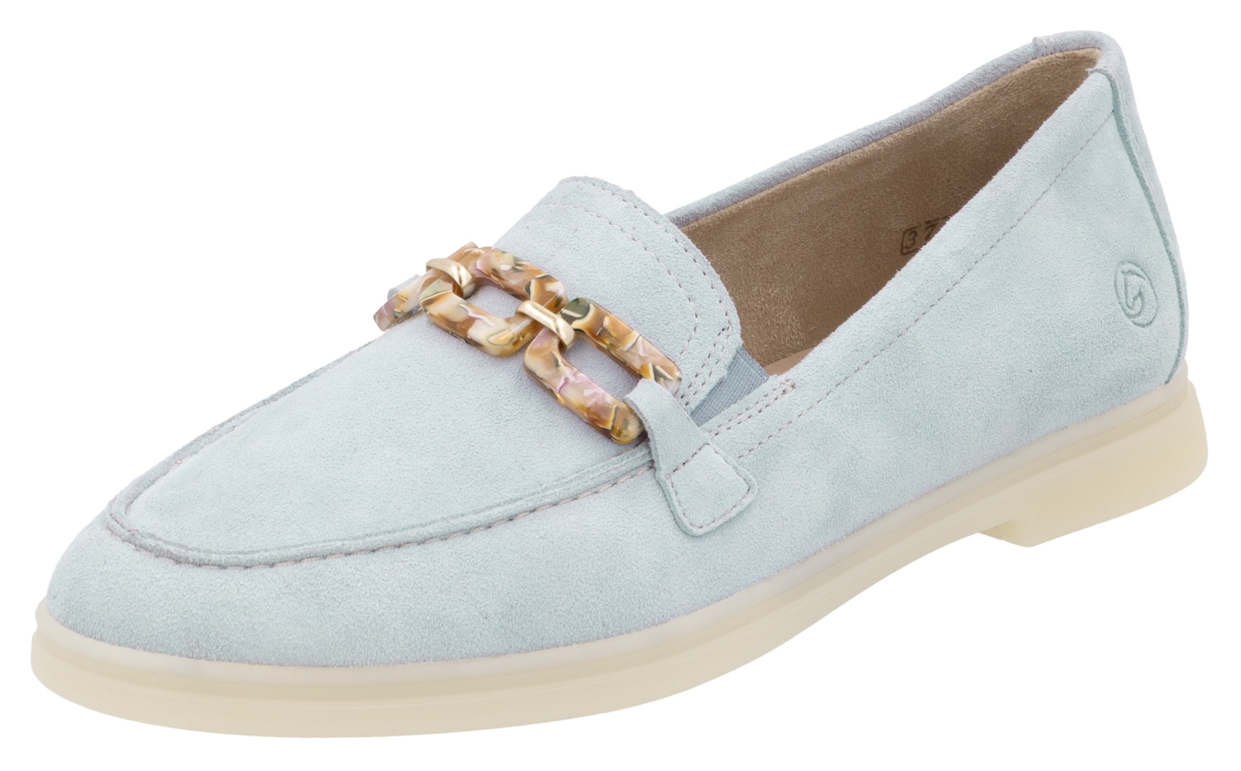 Loafer REMONTE "Elisabeth Hurley-Collection", Damen, Gr. 38, blau (hellblau), Veloursleder, unifarben, Schuhe Loafer, Slipper, Halbschuh, Businessschuh mit modischer Zierkette