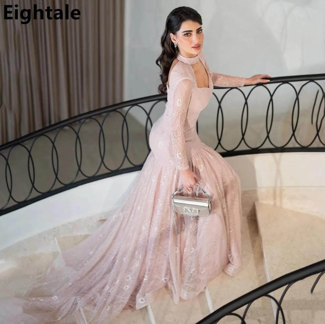 Eightale Erröten Rosa Spitze Abendkleid Meerjungfrau High Neck Prom Party Kleid Frauen Dubai Formale Kleider Angepasst Image