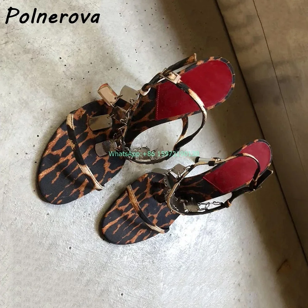 Leopard Metall Fransen Sandalen runde Zehen dünne Absätze gerade Riemen Schuhe Damenmode sexy Runway Street Shoot Stiletto Schuhe