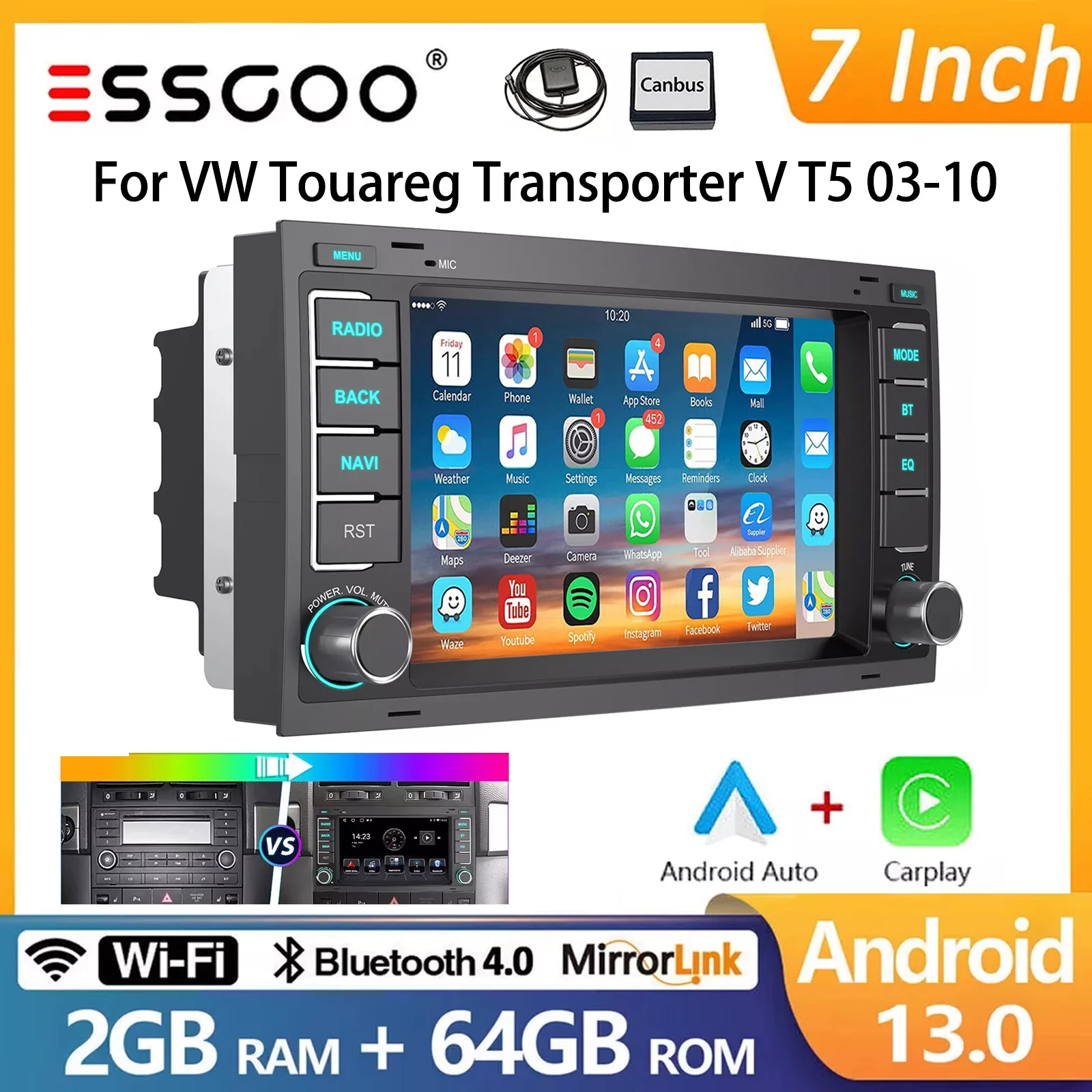 Für VW Touareg Transporter T5 Multivan 2003-2015 7" HD Touchscreen Autoradio Multimedia Video Player CarPlay Android 13 64G GPS Navigation WIFI FM RDS Image