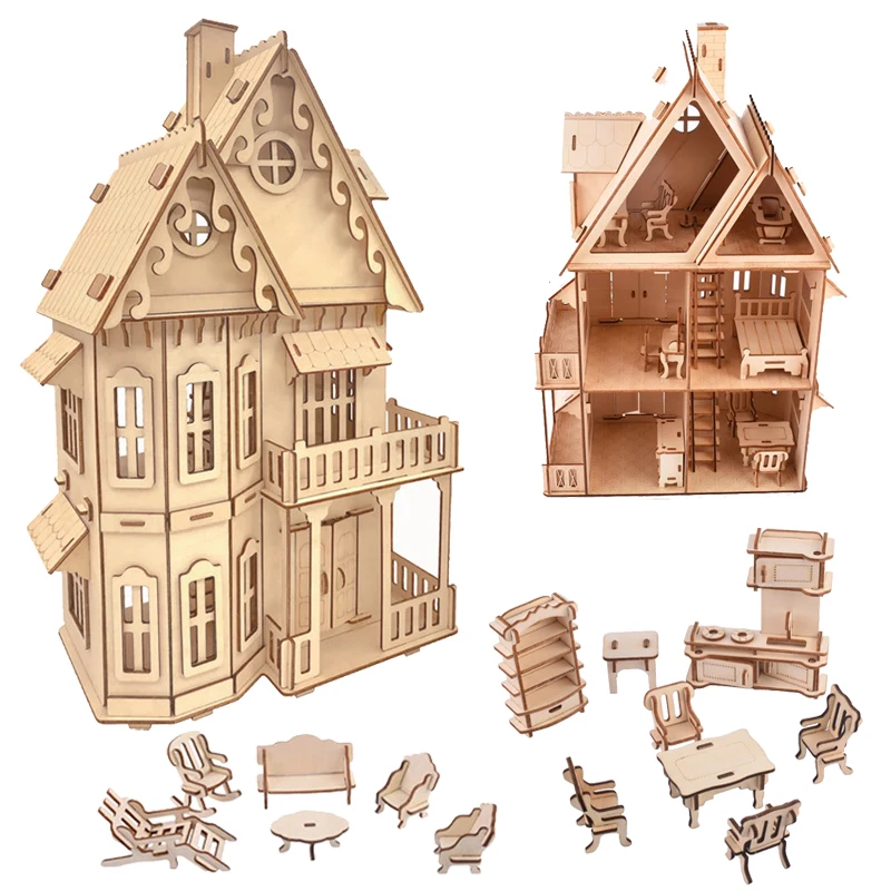 3D Holz Puzzle Puppenhaus Villa Modell DIY Zusammengebaute Miniatur Puppenhaus Möbel Mädchen Pretend Spielen Spielzeug Für Kinder Kinder