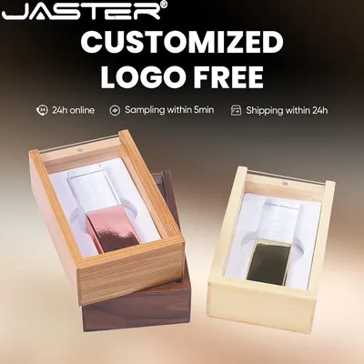 JASTER Holz-Acryl-Abdeckungsbox + Crystal USB 2.0-Flash-Laufwerke 128 GB 64 GB Pen Drive Kostenloser individueller Logo-Speicherstick 32 GB USB-Stick Image