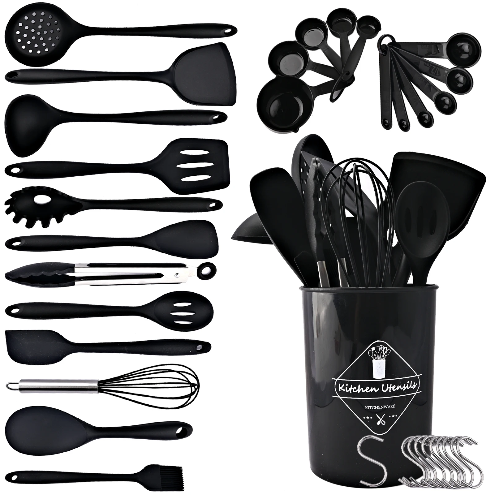 Ustensiles de cuisine noirs antiadhésifs en Silicone, outil d'ustensiles de cuisine, ensemble d'ustensiles de cuisine, spatule, louche, batteurs d'œufs, pelle, accessoires de cuisine