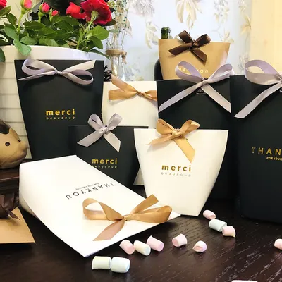 20pcs White Kraft Black Paper "Merci" Candy Box French Thank You Wedding Favors Bags Gift Box