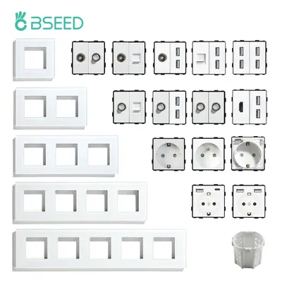 BSEED EU Standard USB RJ45 Socket TV Satellite Wall Plug Function Parts Wall Electric Socket Glass