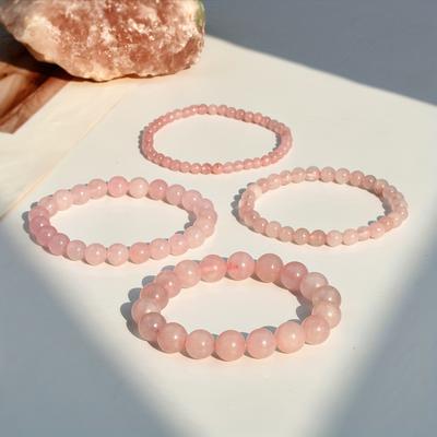 TEMU Natural Rose Quartz Elastic Beaded Strands Set Of 4 - Boho & Vacation Style, Handcrafted Stone Jewelry For Women, All-season Versatile Accessory For Parties And Holidays