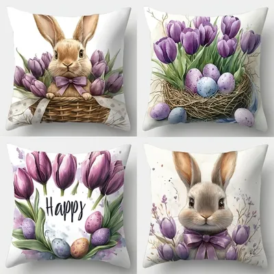 Osterhasen-Kissenbezug, quadratischer Blumenkorb, lila Tulpe, bedruckter Kissenbezug für Wohnzimmer, Sofa, Schlafzimmer, Dekorationen Image