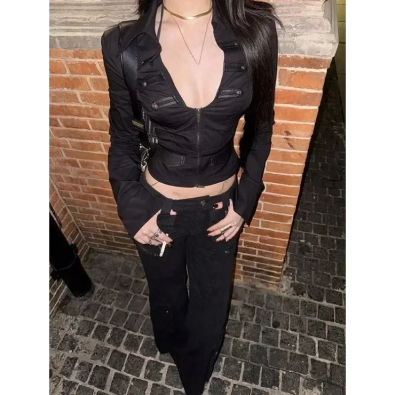 Tiefem V-ausschnitt Zipper T Blusas Mujer De Moda Langarm T-shirt Casual Schwarz Y2k Crop Tops Frauen Sexy Schwarz Gothic T-shirts Frauen