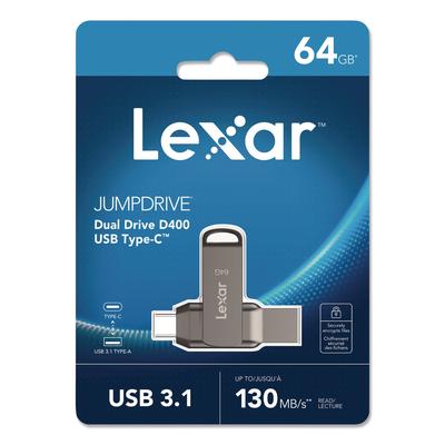 Lexar JumpDrive D400 USB 3.1 Flash Drive, 64 GB, Titanium (LXRLJDD40064GB) Each Lexar™ USB Flash and Micro Drives