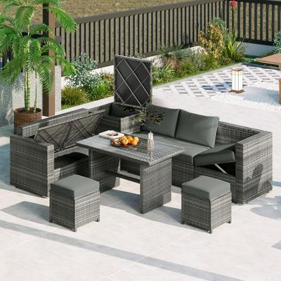 6-piece Modern Patio PE Rattan Sofa Set with Ottomans and Storage Box