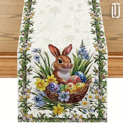 TEMU 1pc, Easter Bunny And Colorful Eggs Polyester Table Runner - Watercolor Floral Pattern With Pink Stripes, Dinner Parties, Weddings, And Holiday Decorations, Table Runner, Tablecover Decor Image
