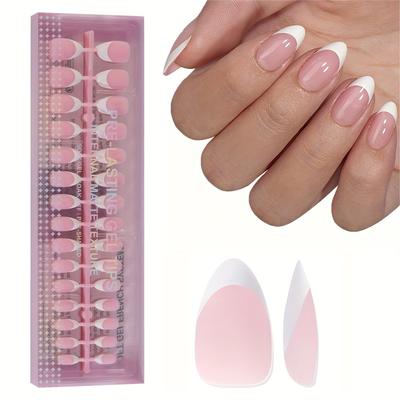 TEMU 150pcs Short Almond Powder, Brown And White French Gel False Nails, Pre-designed Press-on False Nails, 15 Size Designs, Suitable For Women Diy, Nail Salon Use Nail Decoration Image