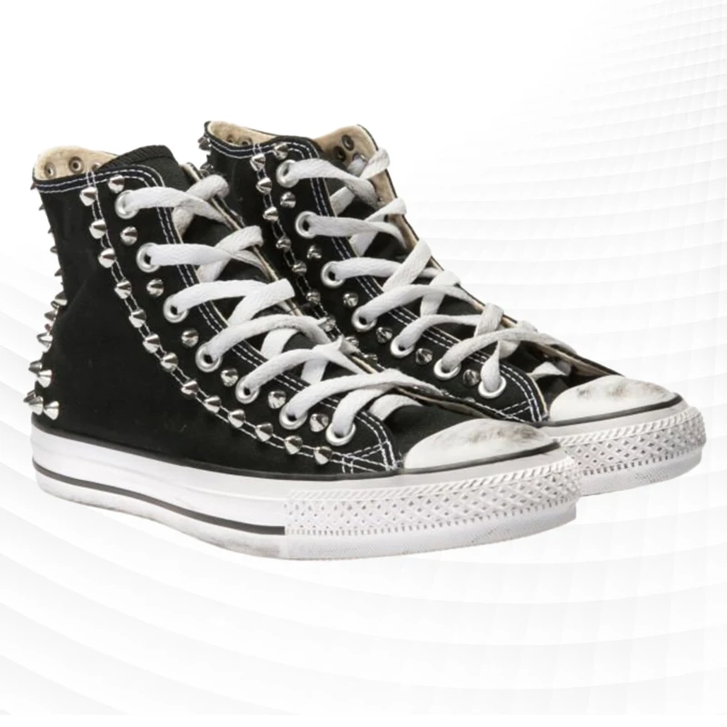 Original schwarze Nieten-Hip-Hop-Punk-Schuhe, handgefertigt, maßgeschneidert, alte große High-Top-Canvas-Sneaker für Herren und Damen, Größe 35–46