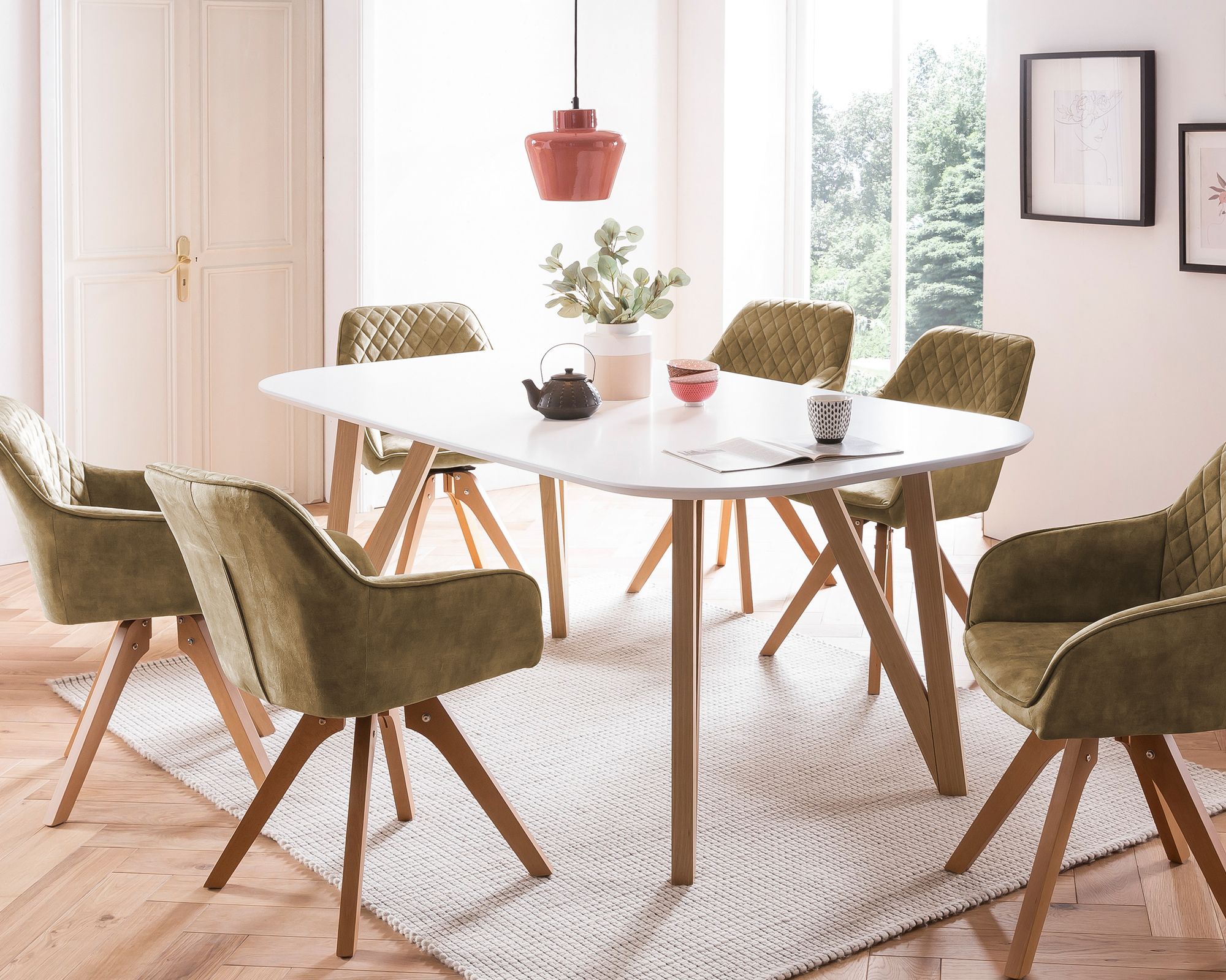 SalesFever »Aino-Mercur« Esszimmergruppe 5-teilige grün/weiß Esstisch 160x90 cm