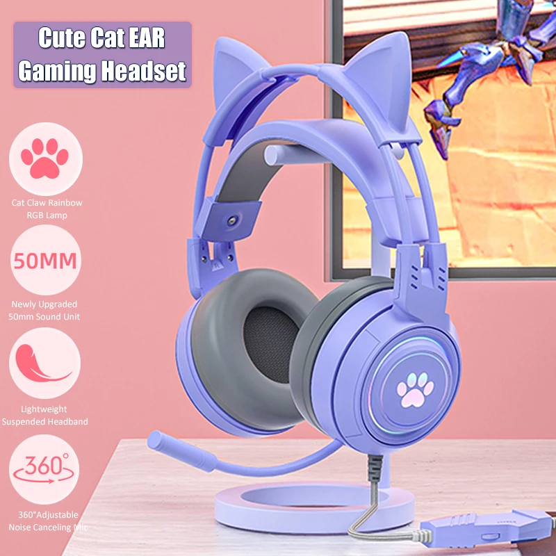 Niedliche Katzen ohr Gaming-Kopfhörer mit Mikrofon Rauschen reduziert RGB rosa Mädchen Headset Gamer Zubehör für ps4 Xbox Telefon PC Kind Geschenk