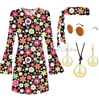 70er Jahre Damen Hippie Disco Kleid Kostüme Halskette Ohrringe Brille, 60er 70er Peace Love Geburtstag 5 Stück Outfits Kleid Image