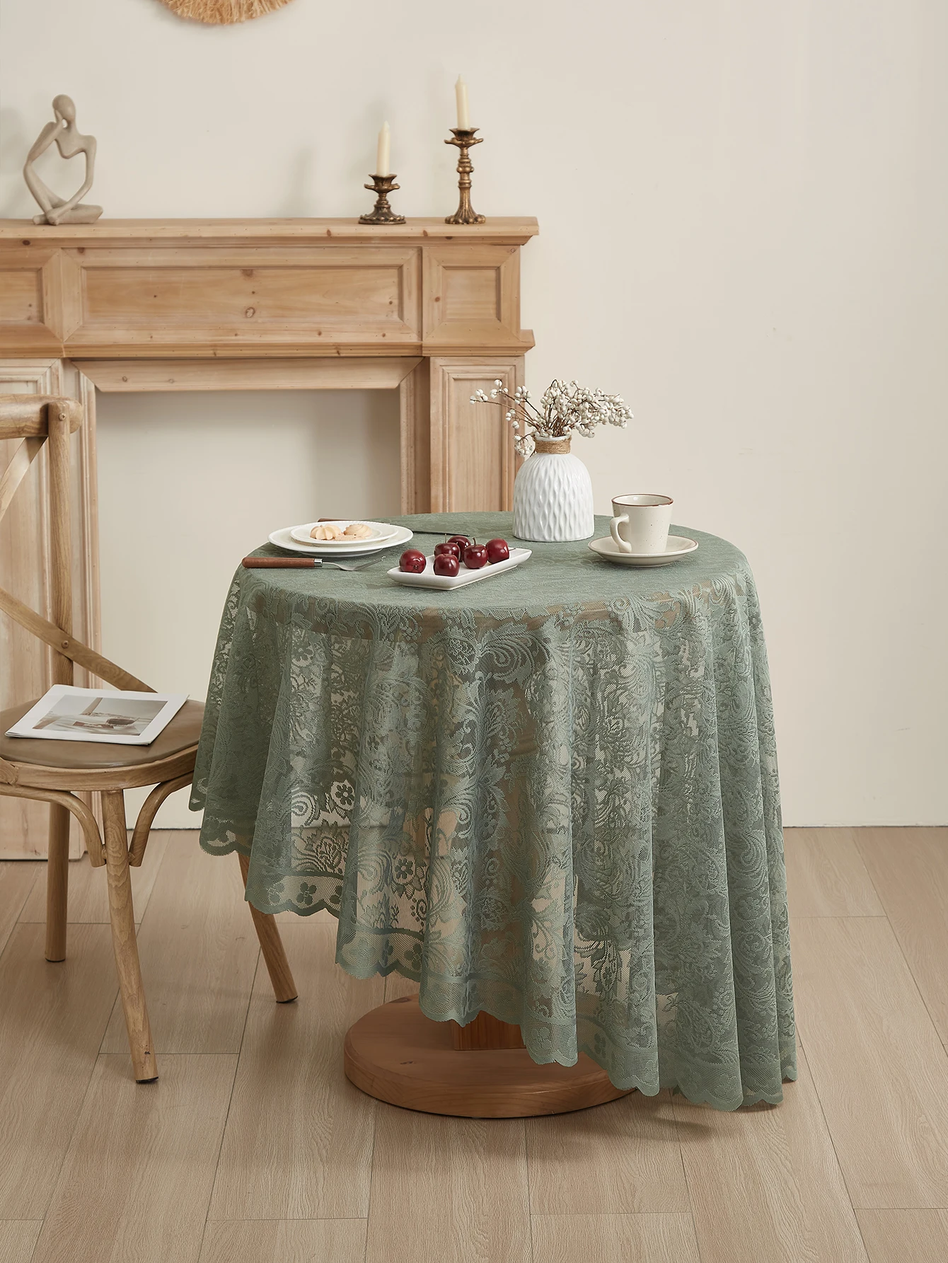 Runde Tischdecke aus grüner Spitze, geeignet für Hochzeiten im Freien und festliche Anlässe, leicht zu tragen und zu dekorieren Image