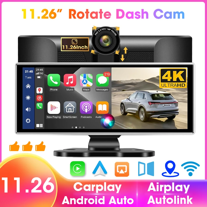 Drahtloser tragbarer Carplay-Bildschirm für Auto, 11,26 Zoll Android Auto Car Touch Stereo, 4K Dash Cam, Rückfahrkamera, Bluetooth, Navigation Image
